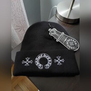 Chrome Hearts Black Knit Hat with White Embroidery